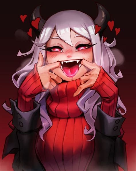 an anime character with horns on her head and red dress, smiling at the camera