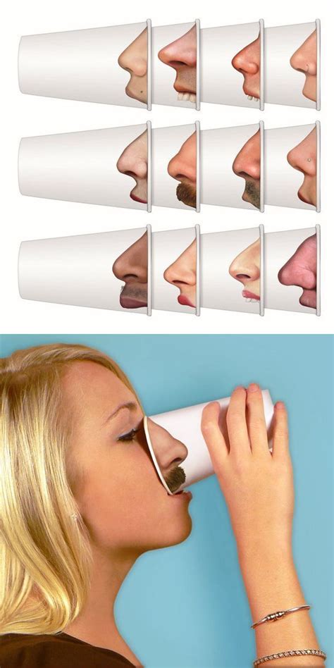 a woman drinking from a white cup with six different stages of her nose to the side