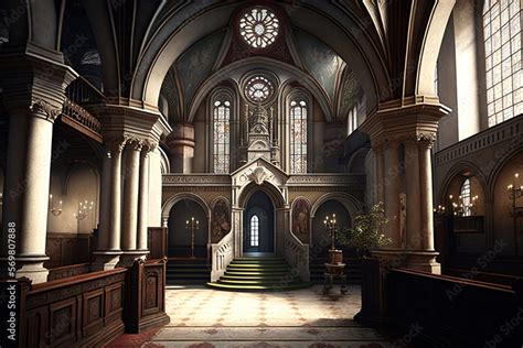 Gothic church interior with rosace and pew Stock Illustration | Adobe Stock