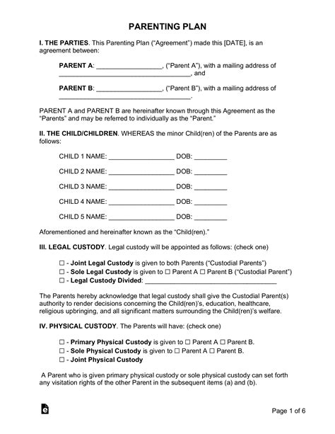 Printable Child Custody Agreement Template