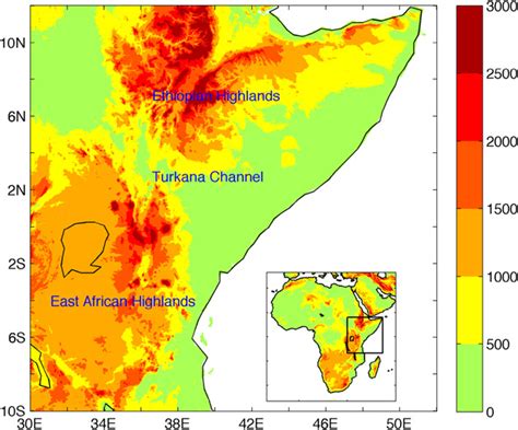 Topographic elevation map (m) of East Africa. The insert shows the ...