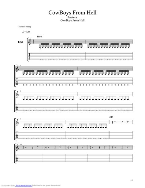 Cowboys From Hell guitar pro tab by Pantera @ musicnoteslib.com