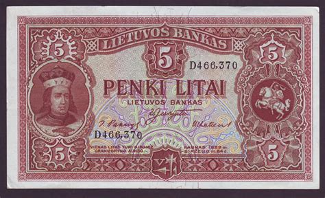 LITHUANIA currency Litas 5 Litai, 1929.|World Banknotes & Coins ...