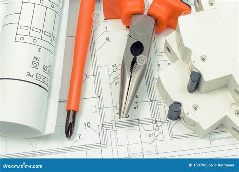 Electrical Diagrams, Electric Fuse and Work Tools on Construction Drawing of House. Building ...