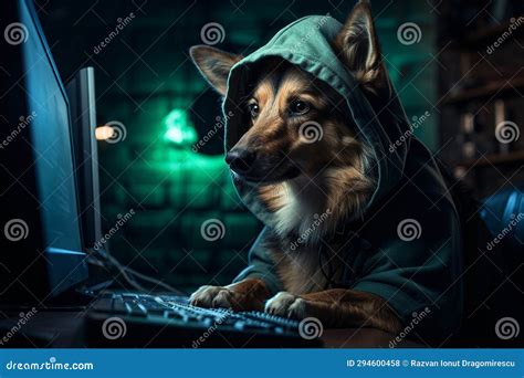 Hacker Dog Wearing a Hoodie, Sitting in Front of a Computer Keyboard with a Determined Look in ...