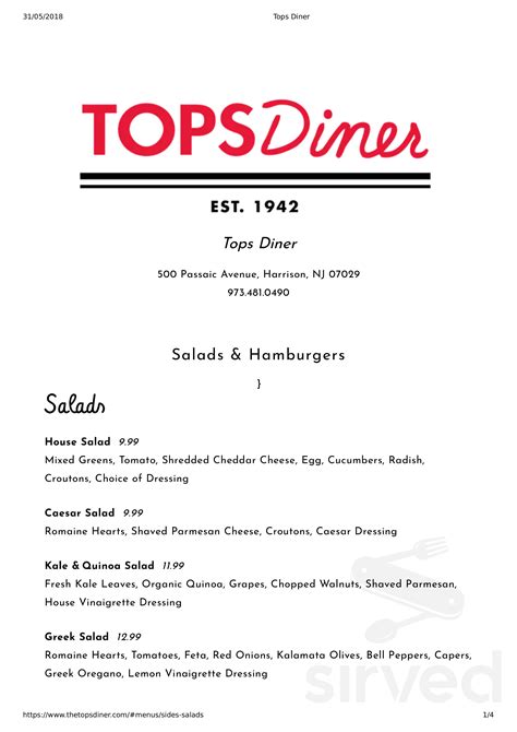 Menu for Tops Diner in East Newark, New Jersey, United States