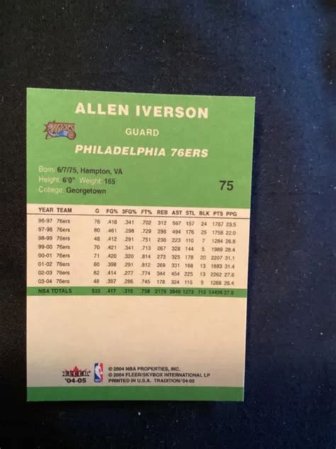 2004-05 FLEER TRADITION vert parallèle Allen Iverson #75 HOF 76ers SP MB17 EUR 3,26 - PicClick FR