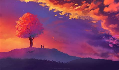 #illustration #landscape tree bark #nature fantasy art #sunset #1080P #wallpaper #hdwallpaper # ...