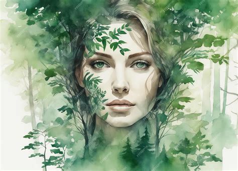 Premium AI Image | beautiful woman face with green leaf and forest background natural beauty ...
