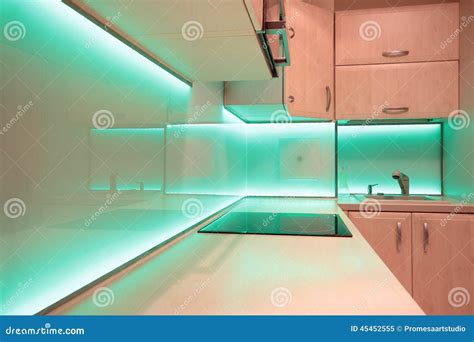 Modern Luxury Kitchen with Green LED Lighting Stock Image - Image of light, lighting: 45452555