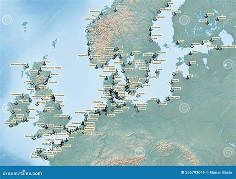 Map Of Europe Continent Illustration With The Biggest Ports Royalty-Free Stock Photo ...