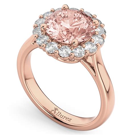 Halo Round Morganite & Diamond Engagement Ring 14K Rose Gold 3.10ct