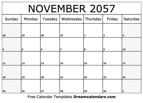 November 2057 calendar | Free blank printable with holidays