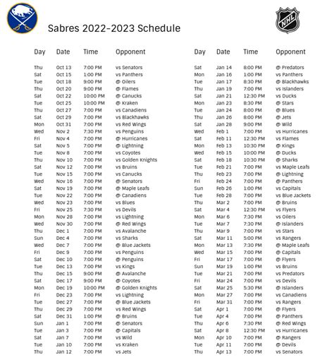 Buffalo Sabres 2022-23 Season Schedule