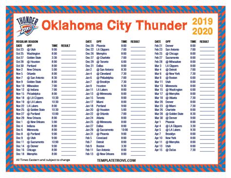 Printable 2019-2020 Oklahoma City Thunder Schedule