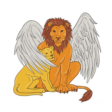 Winged Lion With Cub Under Its Wing Drawing Digital Art by Aloysius Patrimonio - Fine Art America