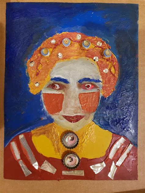 a painting of a woman with buttons on her face