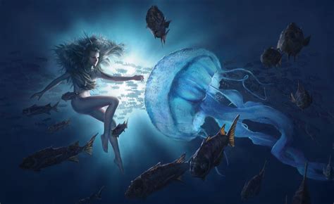 fish, girl, artwork, underwater, fantasy art - wallpaper #204835 (1920x1175px) on Wallls.com