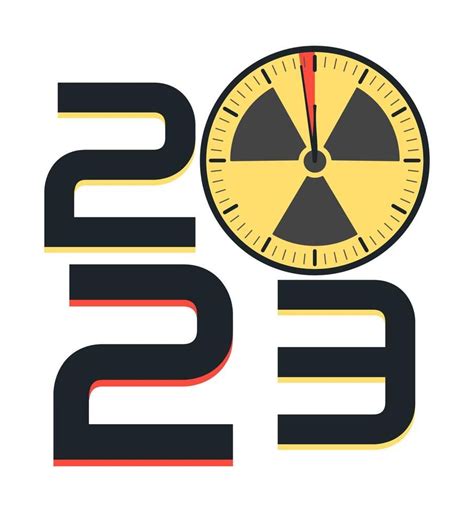 2023 poster with watch and radiation sign. Doomsday clock. Symbol of ...