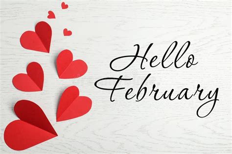 Greeting Card with Text Hello February. Red Paper Hearts on White Wooden Background, Flat Lay ...