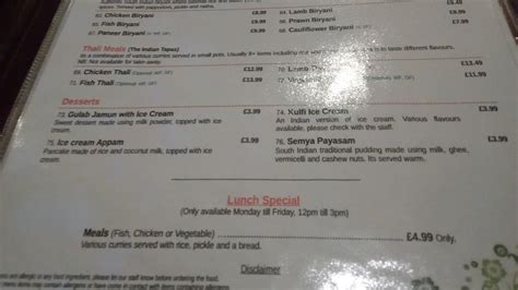 Menu at Kerala Restaurant, Leeds