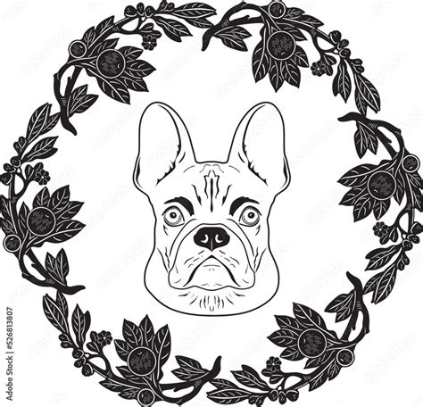 bulldog head line art vector with floral frame handmade design Stock ...