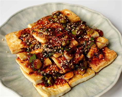 Korean food photo: Pan-fried Tofu with Seasoning Sauce - Maangchi.com