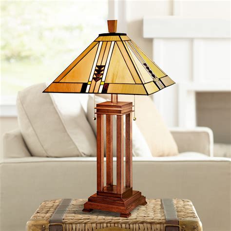 Robert Louis Tiffany Art Deco Table Lamp Oak Wood Stained Glass Shade for Living Room Family ...