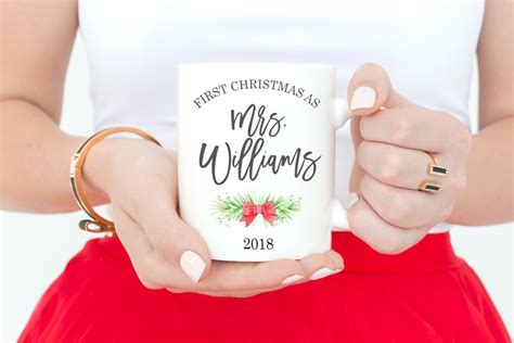 Celebrate your first Christmas as a new Mrs with a personalized last name mug! Perfect gift for ...