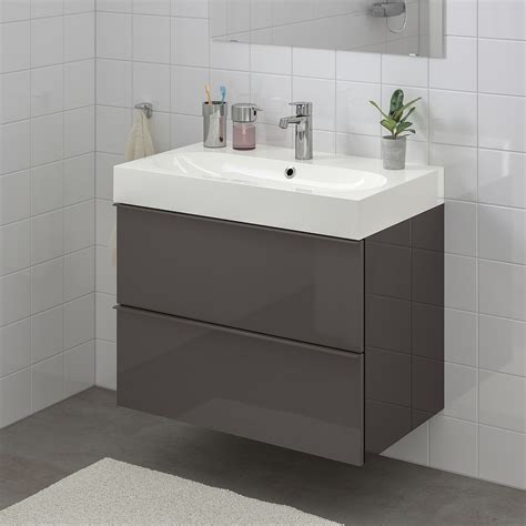 GODMORGON / BRÅVIKEN Sink cabinet with 2 drawers, high gloss gray, Brogrund faucet, 31 1/2x18 7 ...