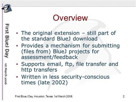 1 First BlueJ Day, Houston, Texas, 1st March 2006 The Submitter Extension Ian Utting University ...