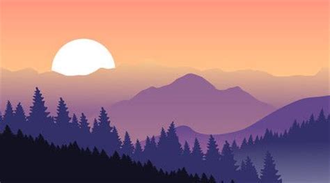 Beautiful sunset at mountains. Vector illustration | Идеи озеленения, Иллюстрации природы, Пейзажи