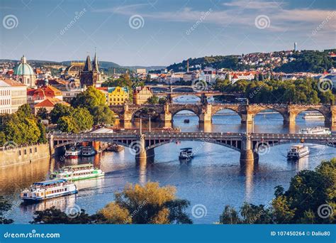 View of the Vltava River and the Bridges Shined with the Sunset Stock ...