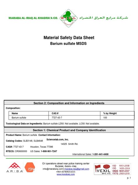 Material Safety Data Sheet: Barium Sulfate MSDS | PDF | Toxicity | Water