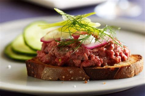 Beef Steak Tartare on Toast with Greenery and Vegetables. AI Generated Stock Illustration ...