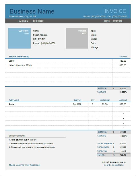 Auto Repair Invoice Template for Excel