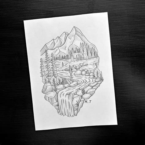 Mountain Waterfall tattoo design I made : r/BrokeHobbies