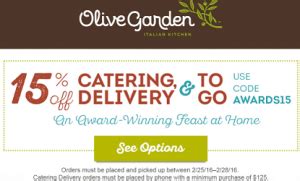 Olive Garden: 15% off Catering and ToGo Coupon Code - Hunt4Freebies | Olive gardens, Catering ...