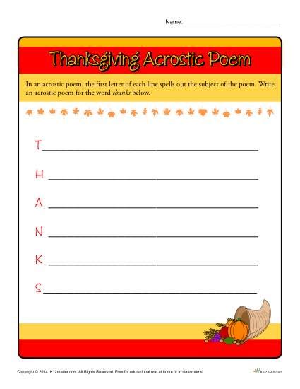 Thanksgiving Acrostic Poem Worksheet