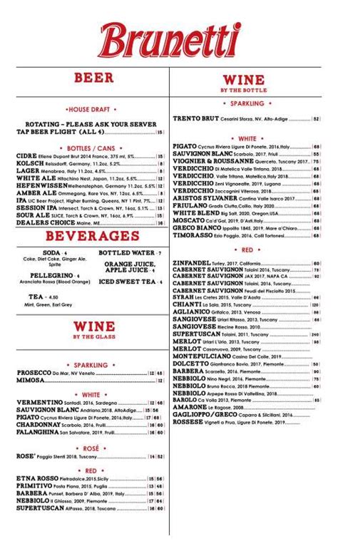 Brunetti menu in New York, New York, USA