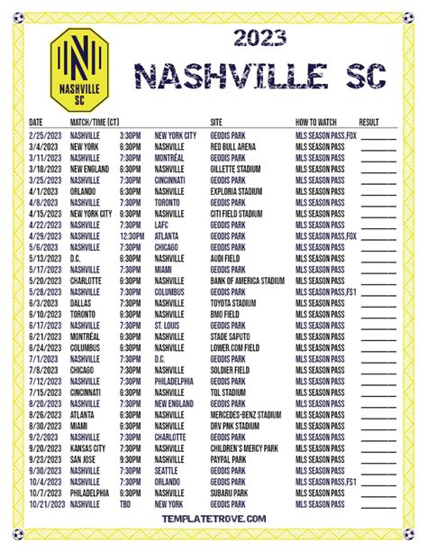 Printable2023 Nashville SC Soccer Schedule