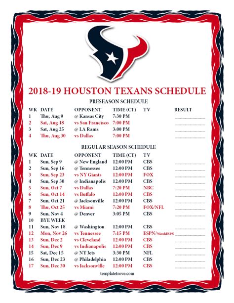 Printable 2018-2019 Houston Texans Schedule