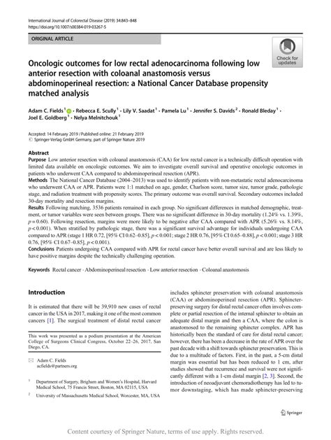 Oncologic outcomes for low rectal adenocarcinoma following low anterior resection with coloanal ...