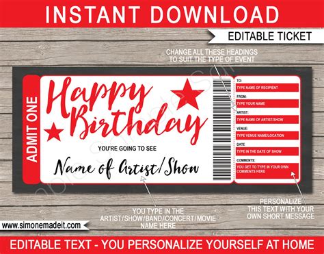 Surprise Concert Ticket Birthday Gift Voucher Printable - Etsy