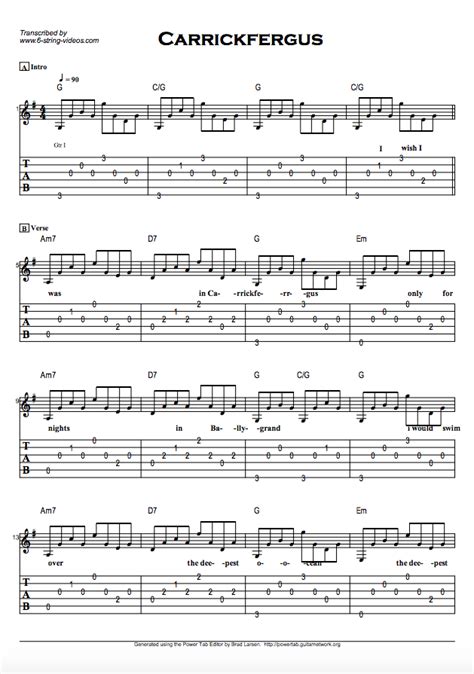 Guitar Tabs: Guitar Tabs And Song Sheet For: Carrickfergus