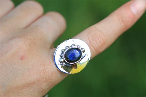 LABRADORITE MOON RING - Unique Sterling Silver Ring - Magic Moon Ring - Brass Moon - Moon ...