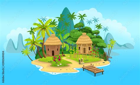 Cartoon tropical island with huts, palm trees. mountains, blue ocean, flowers and vines. Vector ...