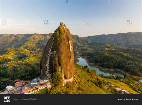 Aerial view of Piedra del Penol with mountains in the background, Guatape, Antioquia, Colombia ...