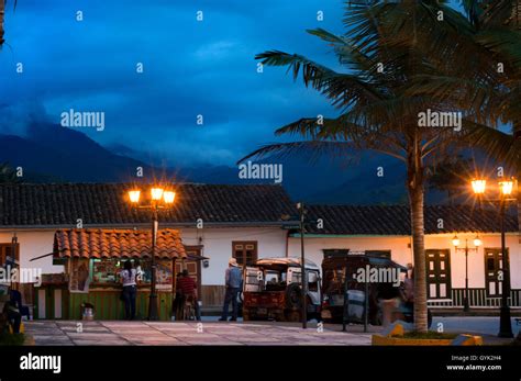 Salento central square at dusk. Quindio, Colombia. Colombian coffee growing axis. The Colombian ...