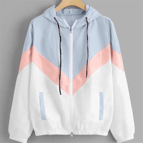 Women Windbreaker Jacket Female Multicolor Patchwork Hooded Jacket ...